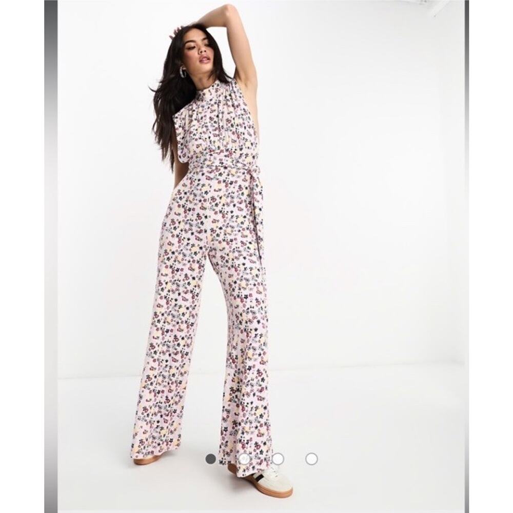 Free People Vibe Check Jumpsuit Floral Wide Leg Small Tie Waist Boho Retro C25
